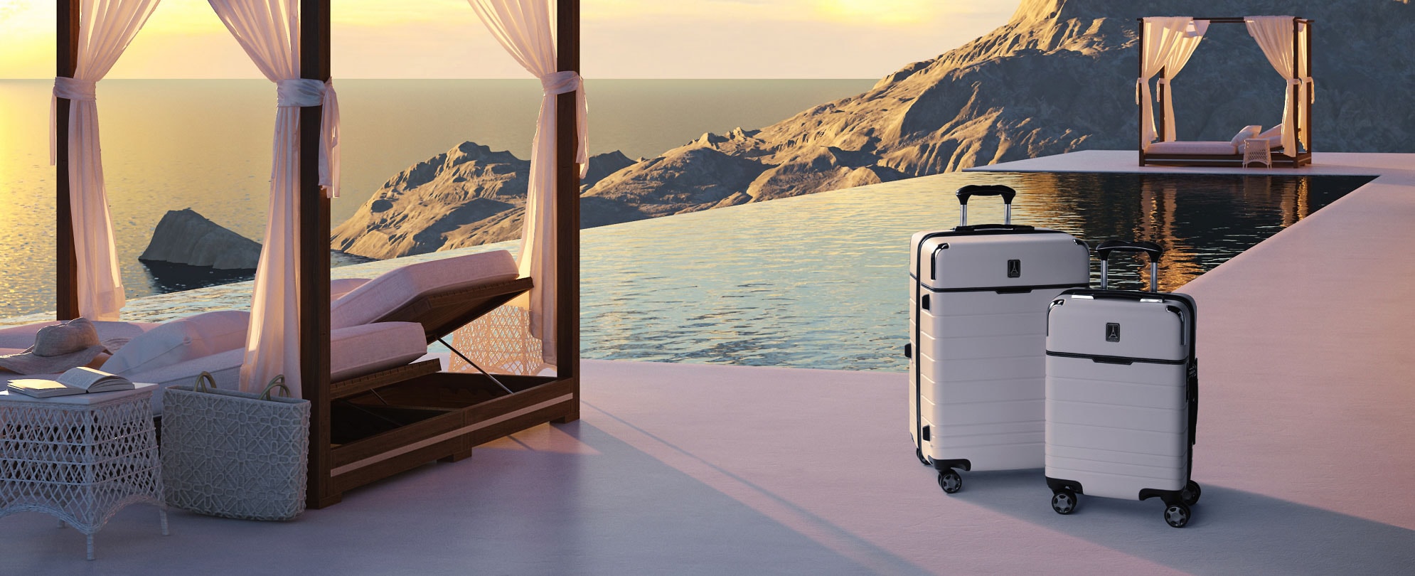 2 TravelPro x Travel + Leisure suitcases sitting by an oceanfront infinity pool and cabana.
