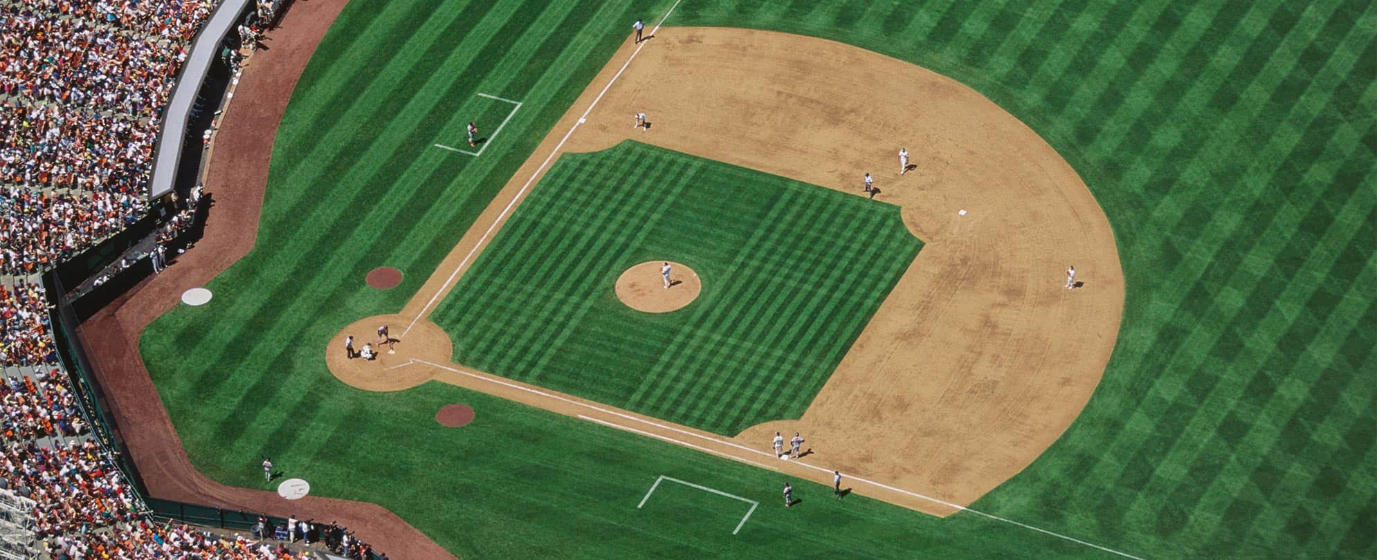 A baseball diamond from above at an Los Angeles Angels baseball game.