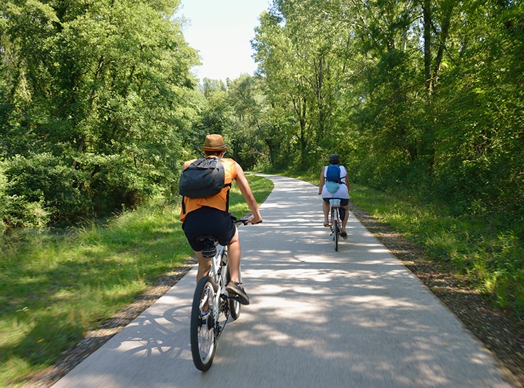 two people riding on a bike path in nature.
