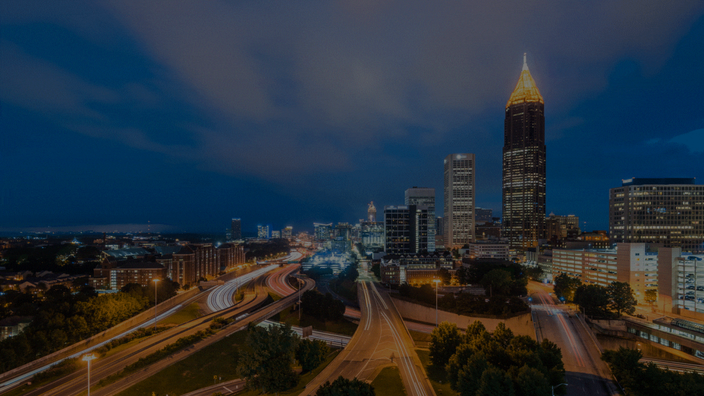 A view of the Atlanta skyline at night.