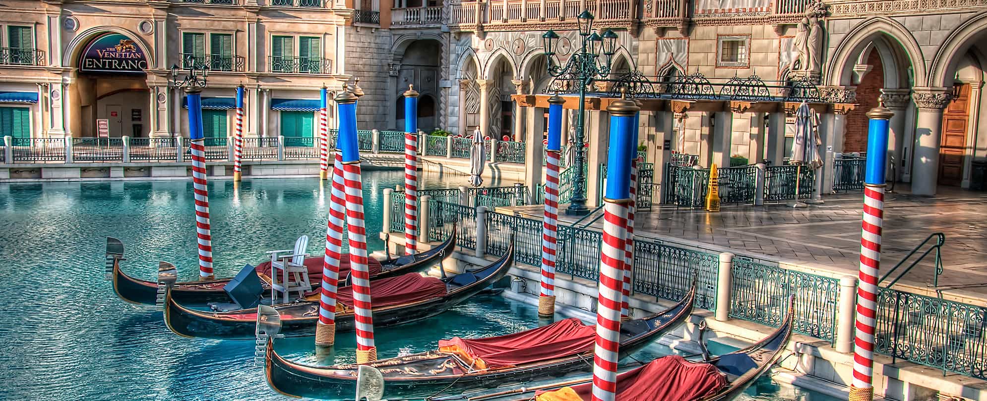 Gondola boats on a pool at the Venetian resort in Las Vegas, Nevada.