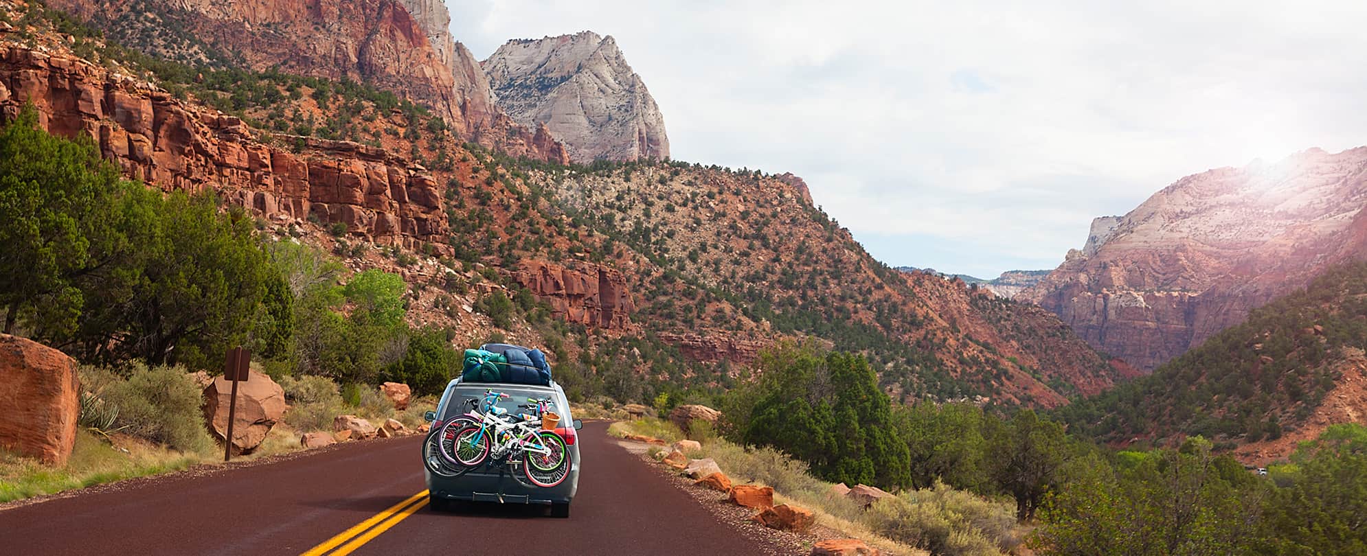 A car with bicycles attached to the back drives through Zion National Park near Las Vegas.