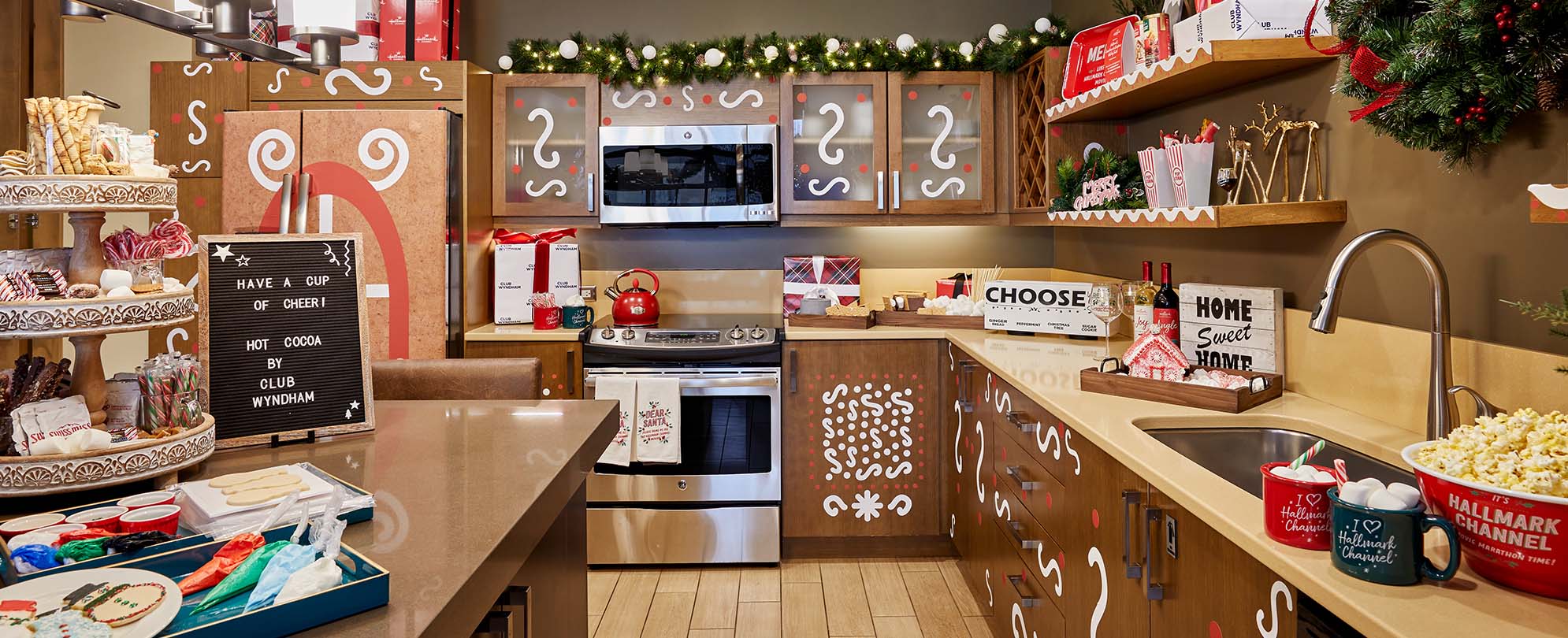 A fully decorate kitchen inside a Hallmark Channel Countdown to Christmas Holiday suite at Club Wyndham Resort at Avon. 