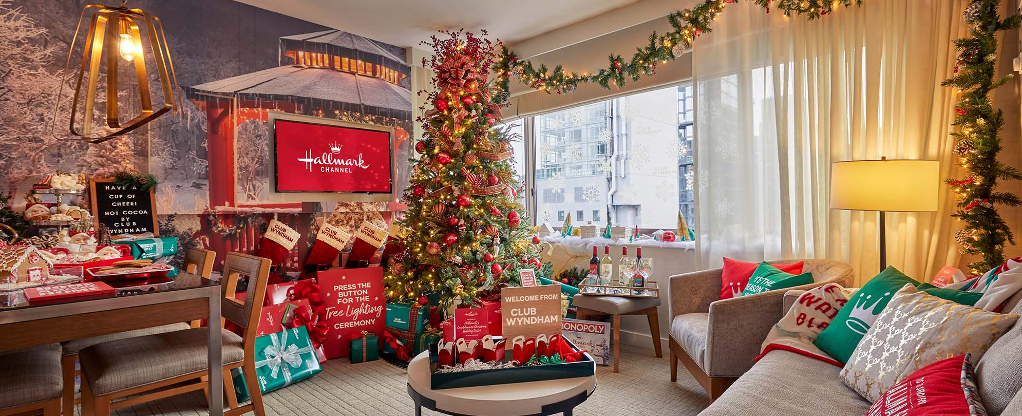 A fully decorated Hallmark Channel Countdown to Christmas Holiday suite at Club Wyndham Midtown 45 in New York City.