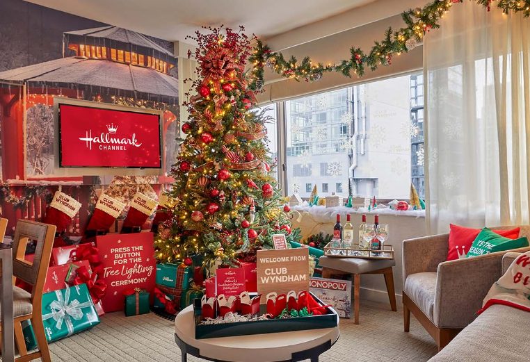 A fully decorated Hallmark Channel Countdown to Christmas Holiday suite at Club Wyndham Midtown 45 in New York City.