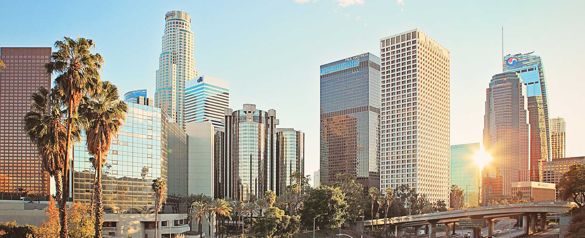 The city skyline of Los Angeles, location of the Tournament of Roses.