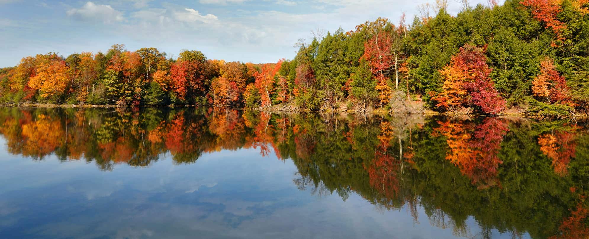 Lake view of scenic New England Fall foliage
