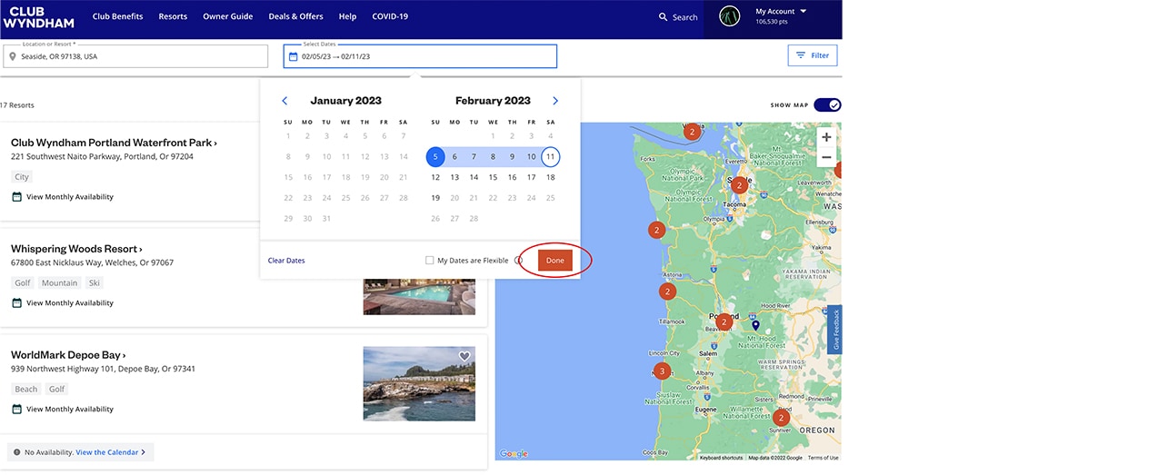 Explore Resorts screenshot with date selection and Done circled.