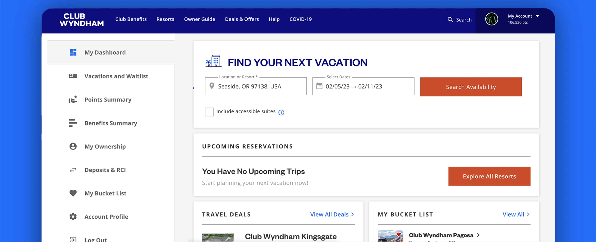 Dashboard screenshot with Find Your Next Vacation at top.