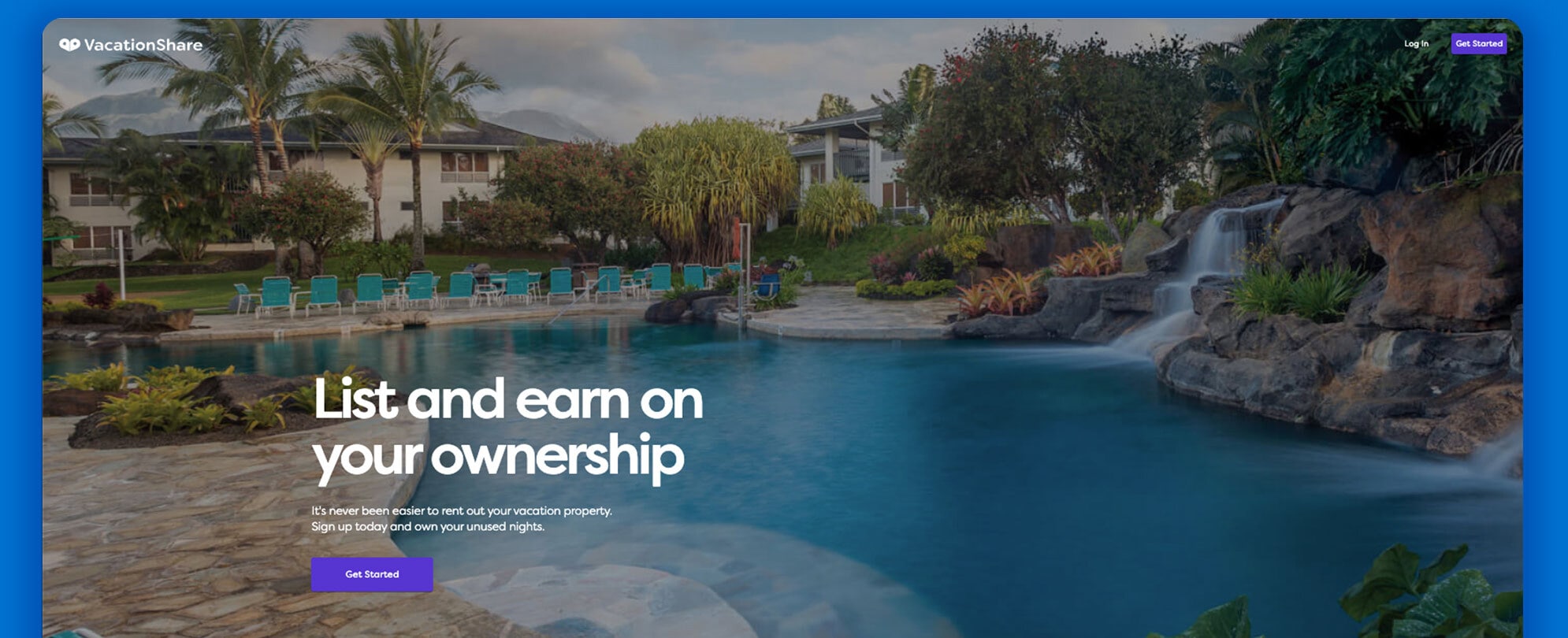 Hero image of the VacationShare website with text overlaid on a photo of a resort pool, on a blue background