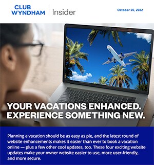 Screenshot from the October 2022 Club Wyndham Insider showing a woman looking at a laptop.