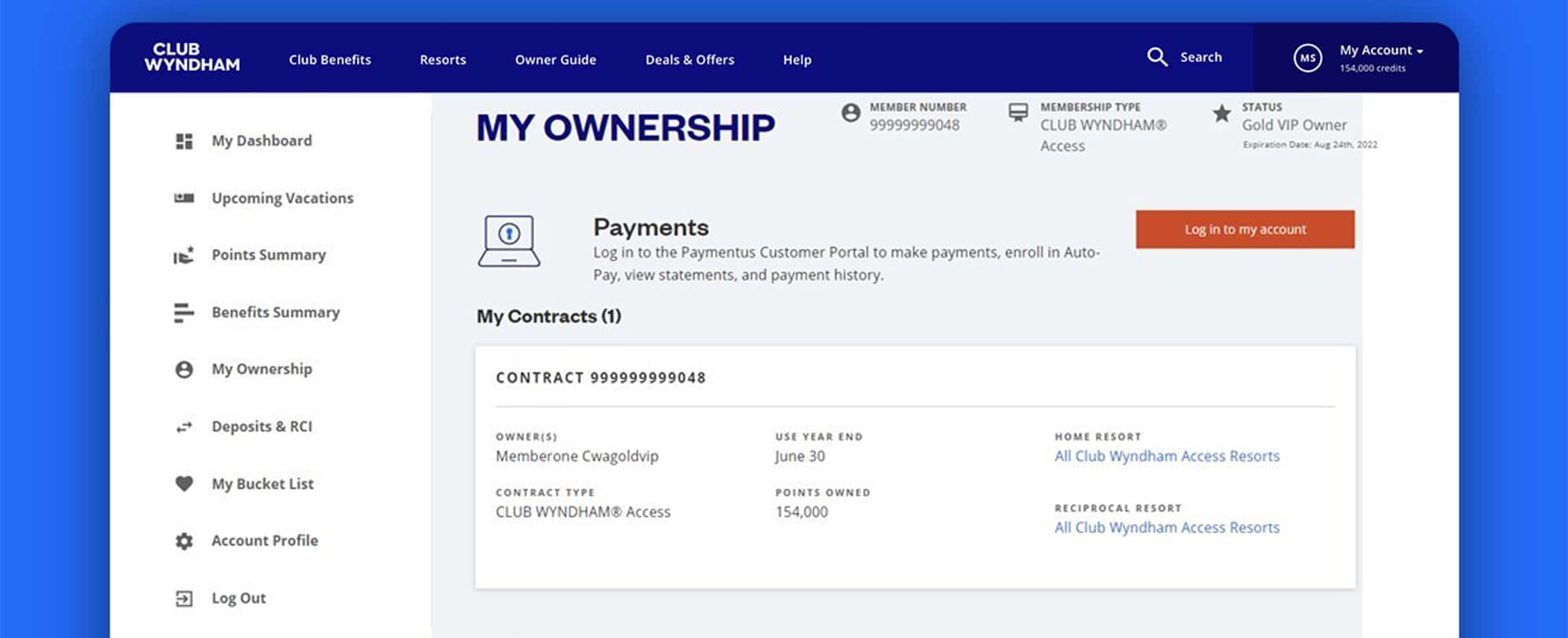 A screenshot of the My Ownership dashboard on Club Wyndham.com.