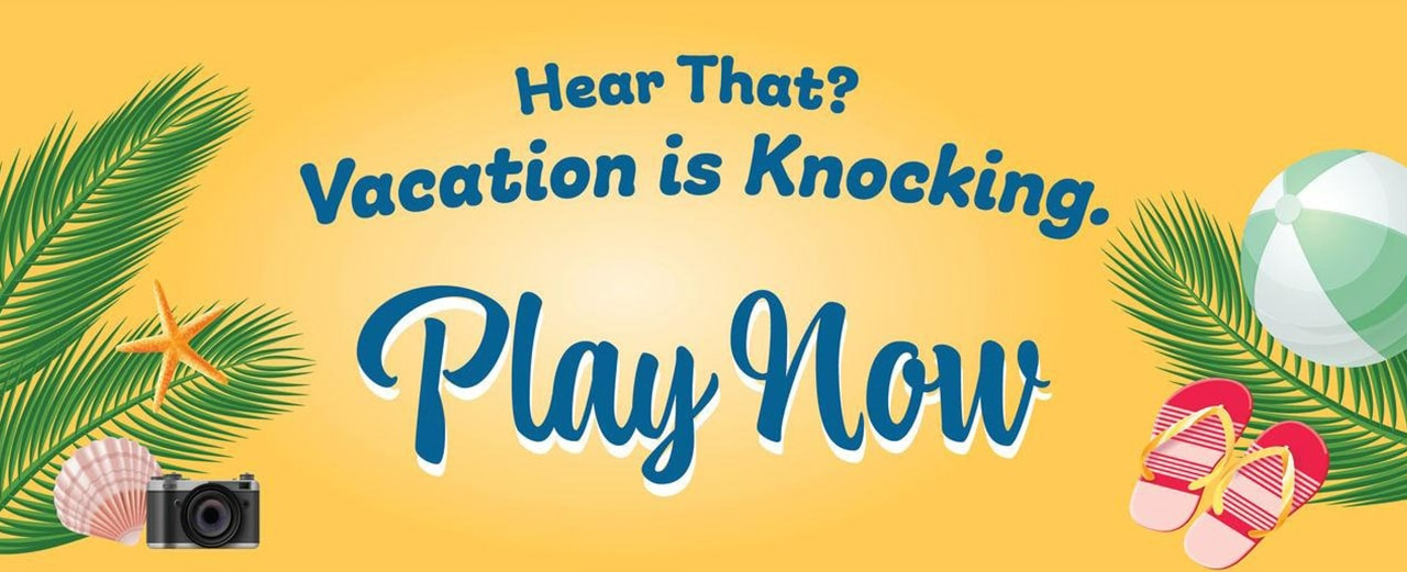 "You could hold the key to instant onsite prizes - play now" on a yellow background with palm fronds and beach icons on the left and right sides.