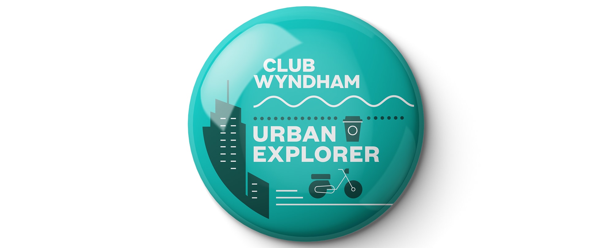 A teal "Urban Explorer" Club Wyndham pin