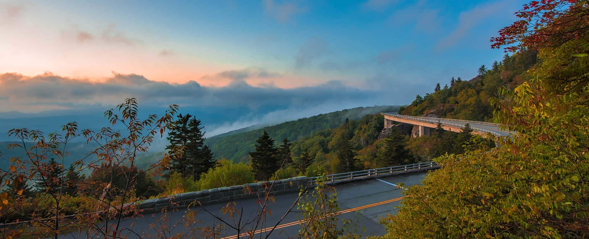 A scenic road winding through the Blue Ridge Mountains in North Carolina
