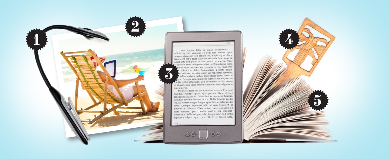 Five gift items on a light blue background: a black book light, a snapshot of a woman with a beach hat lounging in a wooden beach chair by the ocean while reading a tablet and drinky a fruity cocktail, a grey e-reader, a wooden bookmark, and an open book.