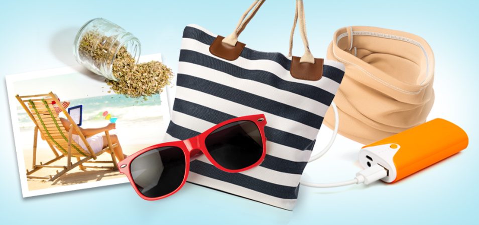 Six gift items on a light blue background: a snapshot of a woman with a beach hat lounging in a wooden beach chair on the shore while reading a tablet and drinky a fruity cocktail, spices in a jar, red sunglasses, navy stripped bag, tan neckwear, and an orage portable charger.