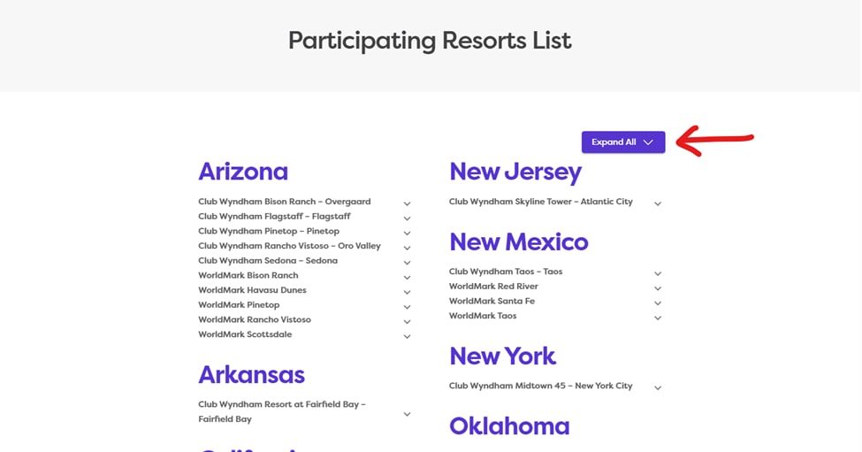 participating resorts list closed accordion