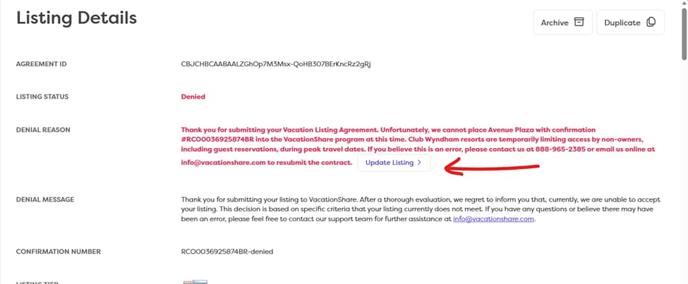 denial explanation with update option