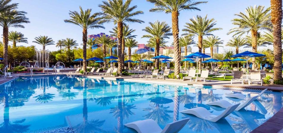 Large pool surrounded by palm trees at Margaritaville Vacation Club by Wyndham - Desert Blue in Las Vegas, NV.