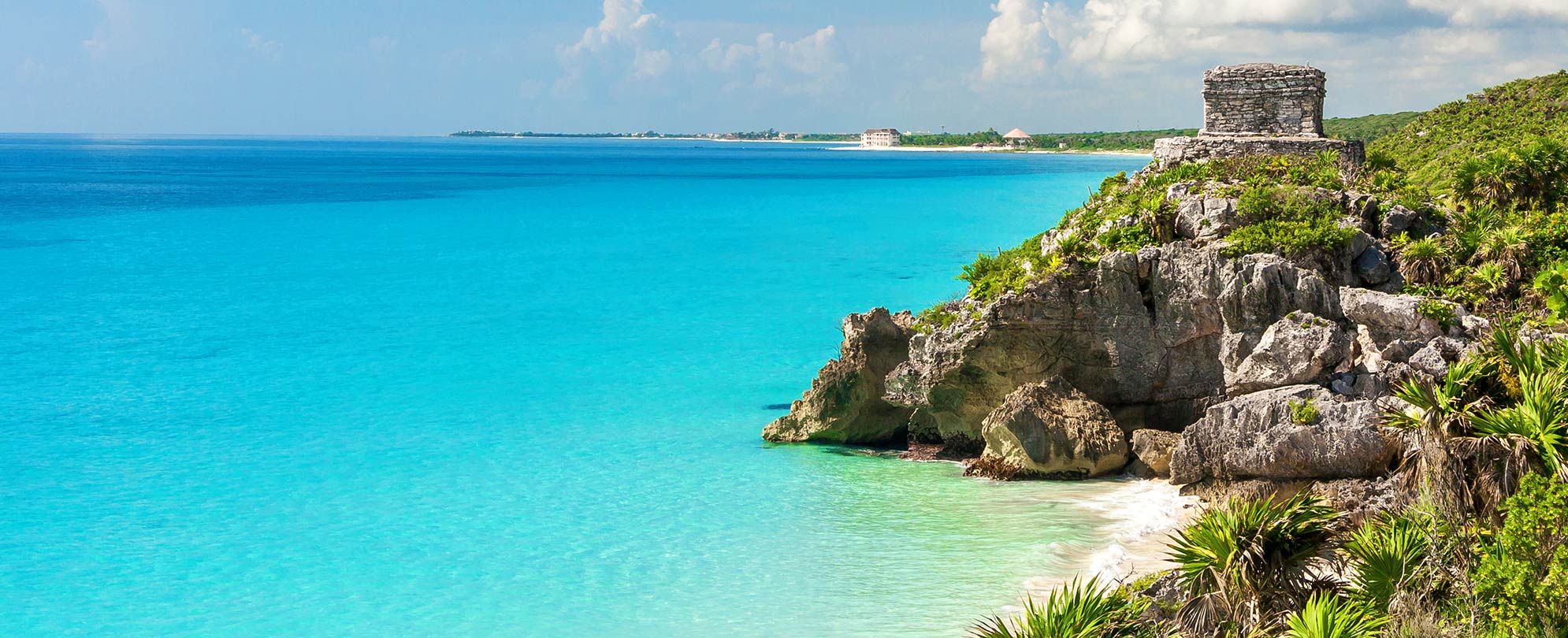 Clear shoreline ocean water near rocks and plants in Western Caribbean. 