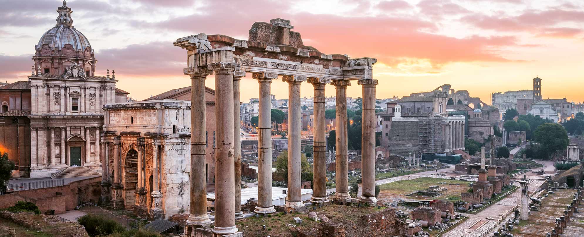 Columns and ruins at the Roman Forum in Rome, Italy. 